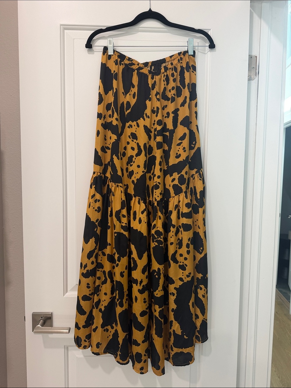 Silk Printed Tiered Maxi Skirt in Mustard and Black